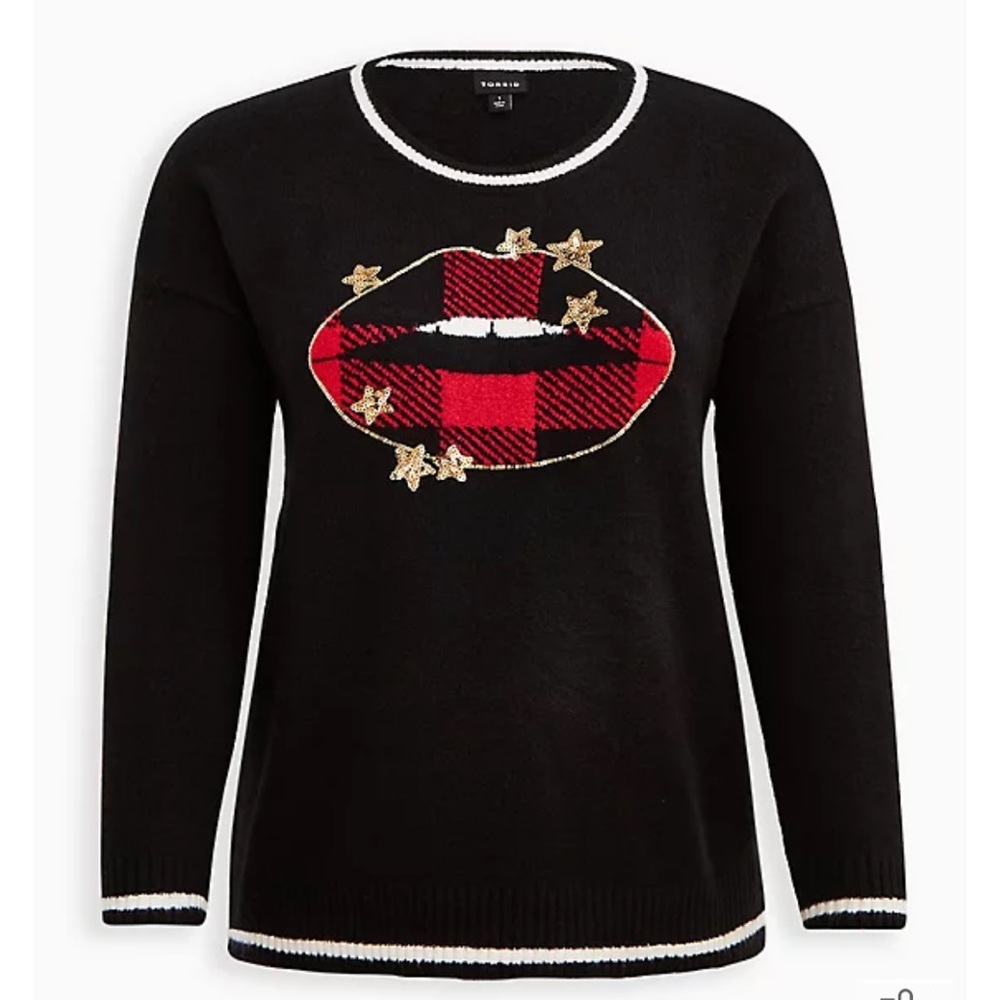 Torrid black pullover crew neck sweater plaid lips gold sequin stars 00